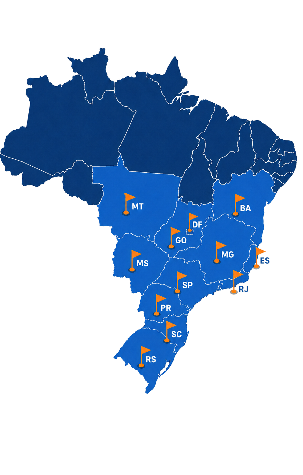Mapa dos estados atendidos pela Blue Led